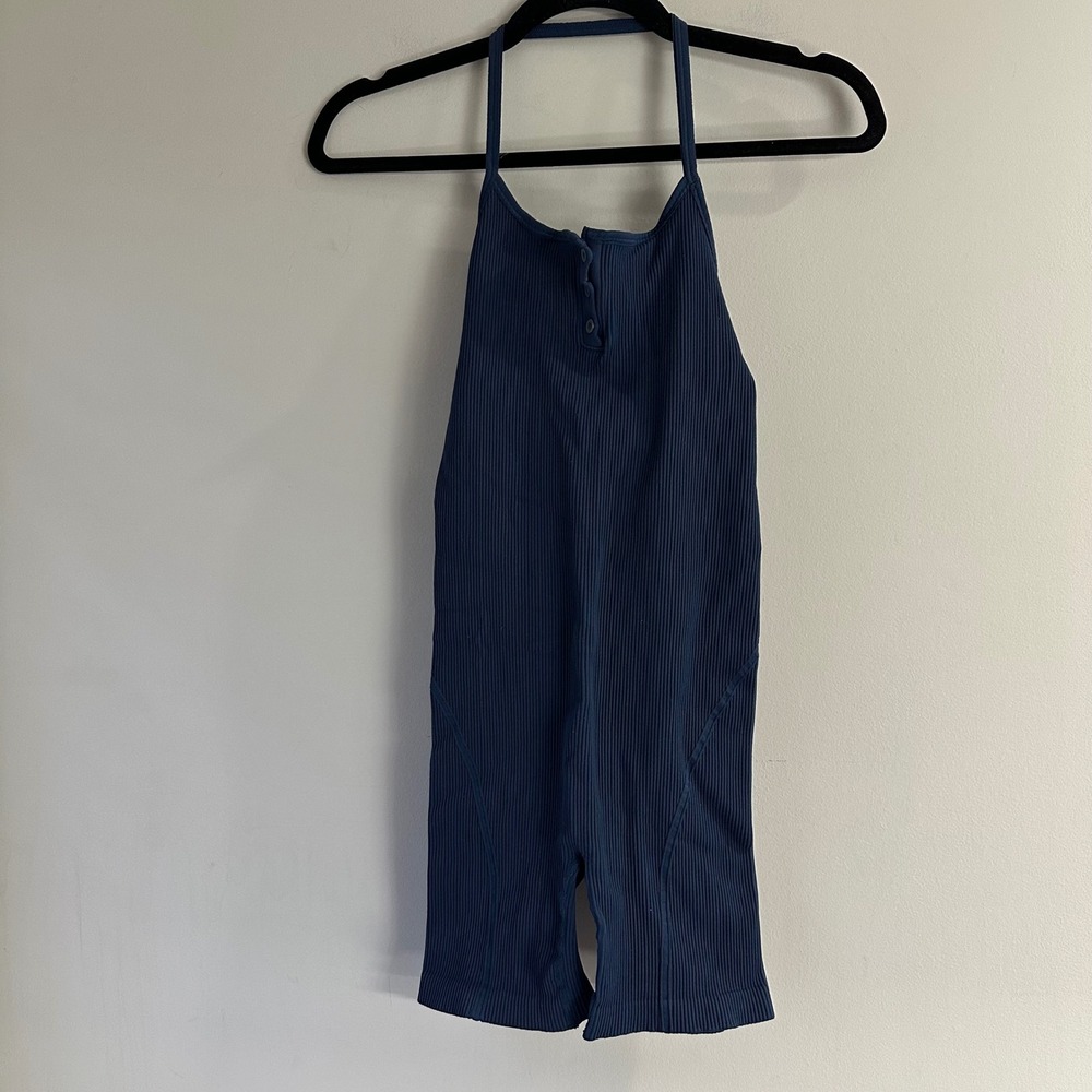 Madewell MWL Romper Womens S/M Navy Blue Excellent Ribbed Halter Henley Unitard